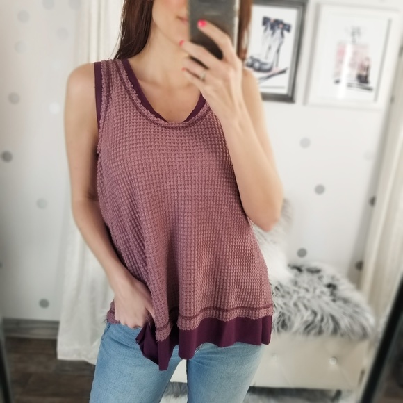 Summer Spring Waffle Knit Top Scoop Neck Layered Tank Soft Casual Tops - Picture 2 of 8